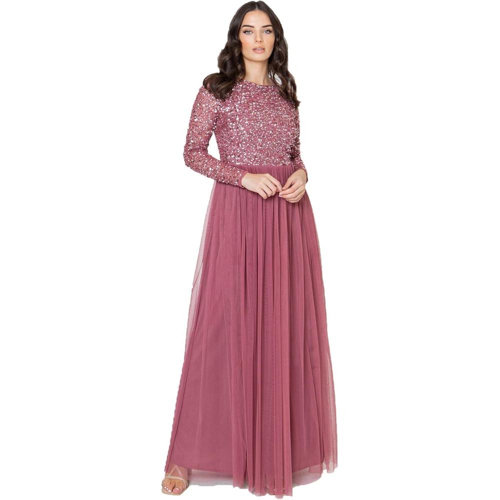 imageMaya Deluxe Maya Robe Longue Manches Longues pour Femme Taupe Blush Robe de Demoiselle dhonneur Femme Lot de 1Rose Dsert