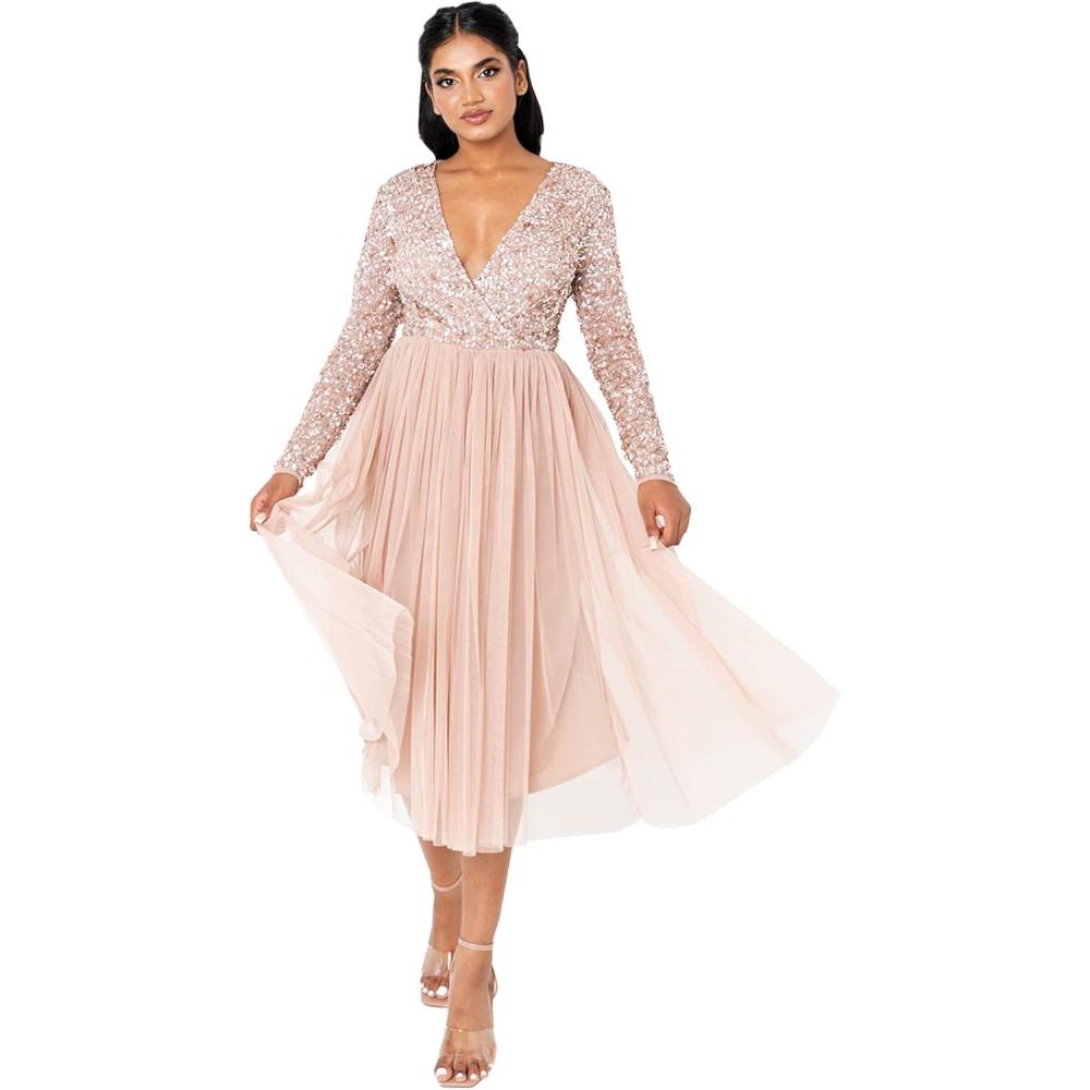 imageMaya Deluxe Robe Midi Manches Longues avec Dcollet Plongeant en V et Paillettes pour Femme Demoiselle dhonneurBlush Taupe
