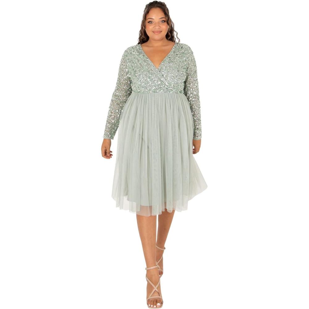 imageMaya Deluxe Robe Midi Manches Longues avec Dcollet Plongeant en V et Paillettes pour Femme Demoiselle dhonneurLys Vert