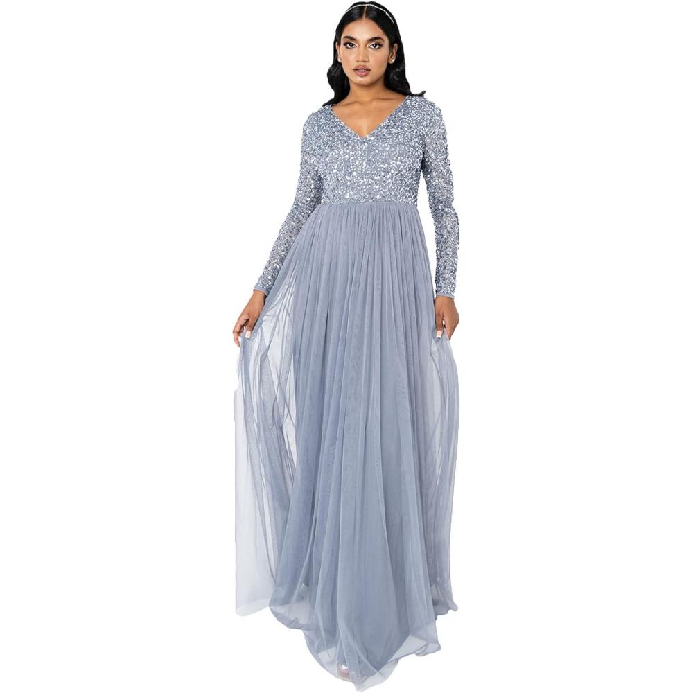 imageMaya Deluxe Robe dinvit de Mariage Manches Longues et col en V pour Femme VertDusty Blue