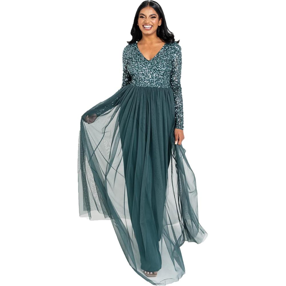 imageMaya Deluxe Robe dinvit de Mariage Manches Longues et col en V pour Femme VertEmerald Green