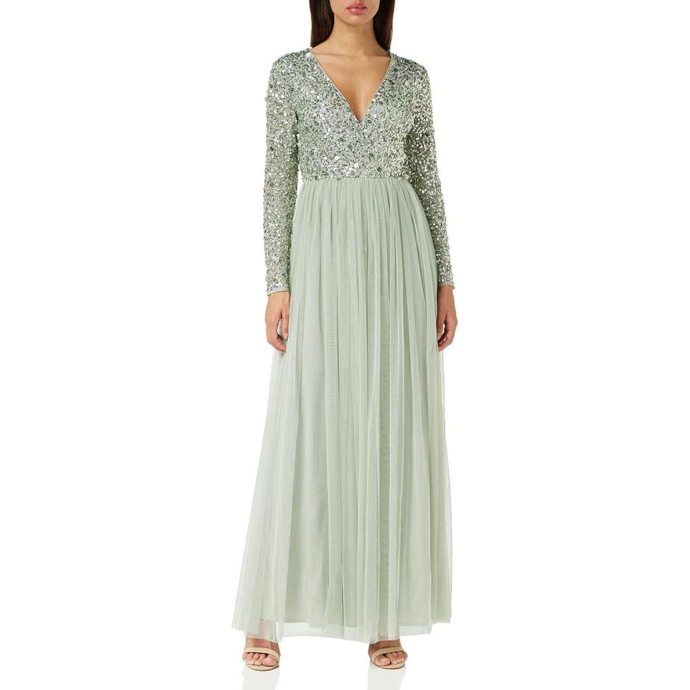 imageMaya Deluxe Robe dinvit de Mariage Manches Longues et col en V pour Femme VertGreen Lily
