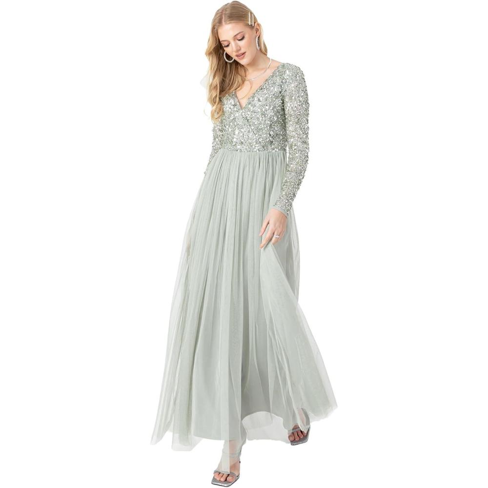 imageMaya Deluxe Robe dinvite de Mariage Femme Manches Longues et col V VertGreen Lily