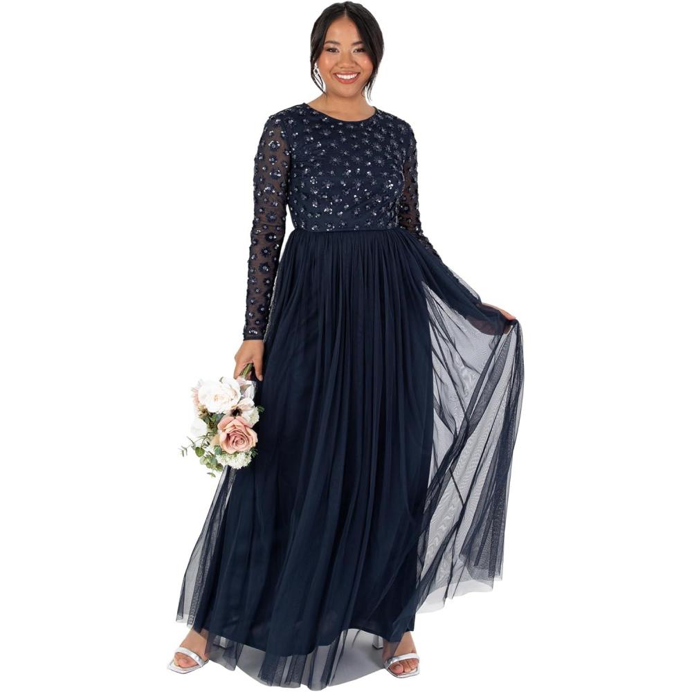 imageMaya Deluxe Womens Ladies Maxi Dress Long Sleeve Round Neck Sequin Embellished Tulle Floral ALine for Occasion Prom Ball Gown Dress Femme Lot de 1Navy Blue
