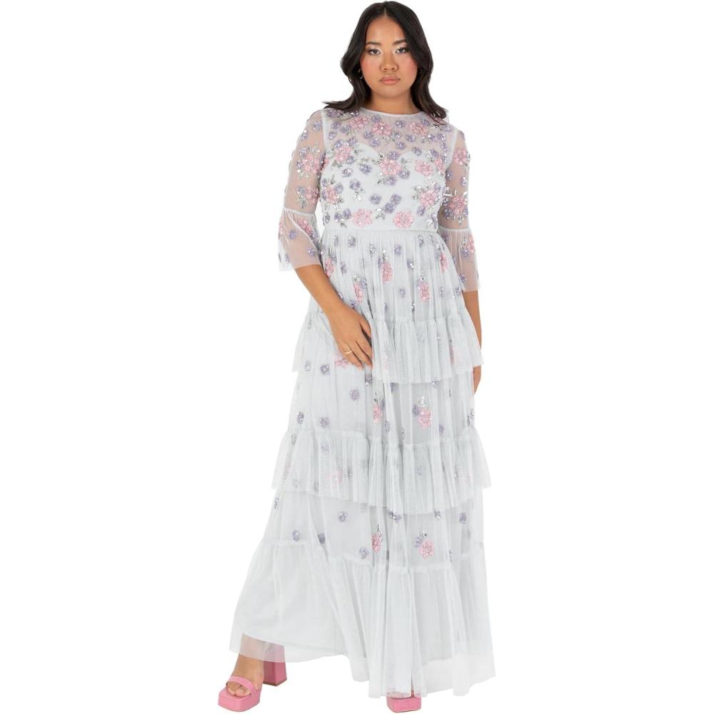 imageMaya Deluxe Womens Ladies Maxi Dress Round Neck 34 Sleeve Floral Sequin Embellished Ruffle ALine for Wedding Guest Prom Ball Gown Robe Femme Lot de 1Glacier Grey