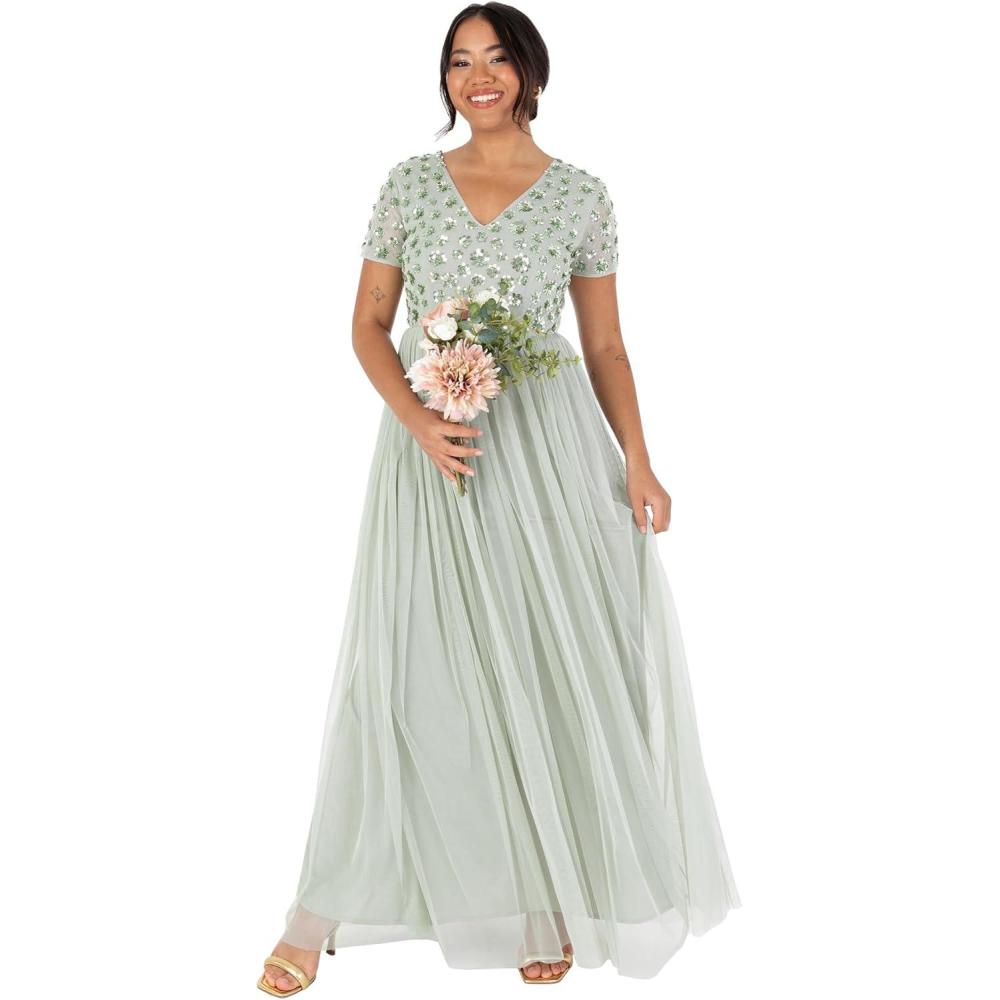 imageMaya Deluxe Womens Ladies Maxi Dress Sequin Embellished Floral VNeck Short Sleeve Tulle Skirt ALine for Wedding Guest Ball Gown Robe FemmeGreen Lily