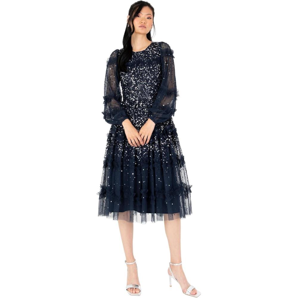 imageMaya Deluxe Womens Midi Dress Ladies Long Sleeve Sequin Embellished Ruffle for Wedding Guest Bridesmaid Occasion Evening Ball Gown FemmeBleu Marine