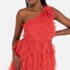 Anaya with Love Women&rsquo;s Maxi Dress Ladies One Shoulder Sleeveless Tiered Ruffle Waterfall A-Line Bridesmaid Wedding Guest Prom Ball Gown Femme(Rouge)