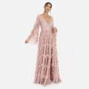 Maya Deluxe Ladies Womens Maxi Dress V Neckline Sequin with Ruffle Empire Waist Slit Split for Prom Ball Bridesmaid Wedding Guest Robes Femme (Lot de 1)(Frosted Pink)