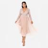 Maya Deluxe Robe Midi À Manches Longues avec Décolleté Plongeant en V et Paillettes pour Femme Demoiselle d&rsquo;honneur(Blush Taupe)