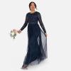 Maya Deluxe Women&rsquo;s Ladies Maxi Dress Long Sleeve Round Neck Sequin Embellished Tulle Floral A-Line for Occasion Prom Ball Gown Dress Femme (Lot de 1)(Navy Blue)