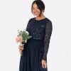 Maya Deluxe Women&rsquo;s Ladies Maxi Dress Long Sleeve Round Neck Sequin Embellished Tulle Floral A-Line for Occasion Prom Ball Gown Dress Femme (Lot de 1)(Navy Blue)