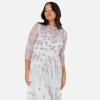 Maya Deluxe Women&rsquo;s Ladies Maxi Dress Round Neck 3/4 Sleeve Floral Sequin Embellished Ruffle A-Line for Wedding Guest Prom Ball Gown Robe Femme (Lot de 1)(Glacier Grey)