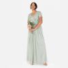 Maya Deluxe Women&rsquo;s Ladies Maxi Dress Sequin Embellished Floral V-Neck Short Sleeve Tulle Skirt A-Line for Wedding Guest Ball Gown Robe Femme(Green Lily)