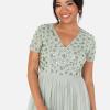 Maya Deluxe Women&rsquo;s Ladies Maxi Dress Sequin Embellished Floral V-Neck Short Sleeve Tulle Skirt A-Line for Wedding Guest Ball Gown Robe Femme(Green Lily)