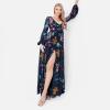 Maya Deluxe Women&rsquo;s Ladies Maxi Dress with Slit Long Sleeve Bishop V Neckline Floral Embellishment for Special Occasions Prom Ball(Navy)
