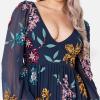 Maya Deluxe Women&rsquo;s Ladies Maxi Dress with Slit Long Sleeve Bishop V Neckline Floral Embellishment for Special Occasions Prom Ball(Navy)