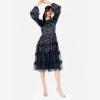 Maya Deluxe Women&rsquo;s Midi Dress Ladies Long Sleeve Sequin Embellished Ruffle for Wedding Guest Bridesmaid Occasion Evening Ball Gown Femme(Bleu Marine)