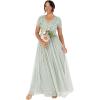 Maya Deluxe Women&rsquo;s Ladies Maxi Dress Sequin Embellished Floral V-Neck Short Sleeve Tulle Skirt A-Line for Wedding Guest Ball Gown Robe Femme(Green Lily)