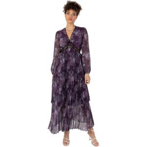 Anaya with Love Women&rsquo;s Midaxi Dress Ladies Long Blouson Sleeve V-Neck Tiered Pleated Lace Insert Empire A-Line Wedding Guest Evening Femme(Purple Floral)