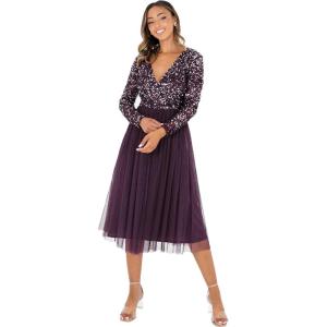 Maya Deluxe Robe Midi À Manches Longues avec Décolleté Plongeant en V et Paillettes pour Femme Demoiselle d&rsquo;honneur(Baie)