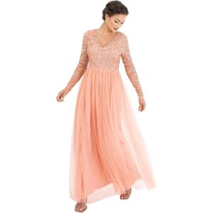 Maya Deluxe Robe d&rsquo;invité de Mariage à Manches Longues et col en V pour Femme Vert(Apricot)