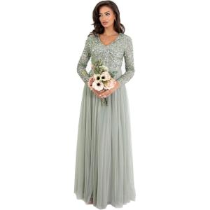 Maya Deluxe Robe d&rsquo;invité de Mariage à Manches Longues et col en V pour Femme Vert(Lys Vert)