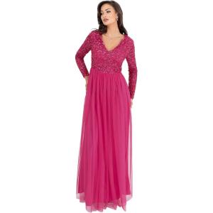 Maya Deluxe Robe d&rsquo;invitée de Mariage Femme Manches Longues et col V Vert(Fuschia)