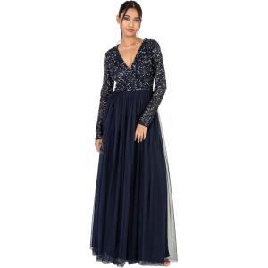 Maya Deluxe Robe d&rsquo;invitée de Mariage Femme Manches Longues et col V Vert(Navy)