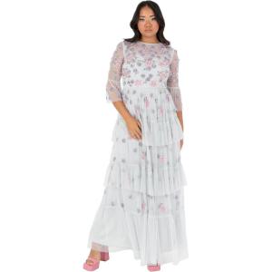 Maya Deluxe Women&rsquo;s Ladies Maxi Dress Round Neck 3/4 Sleeve Floral Sequin Embellished Ruffle A-Line for Wedding Guest Prom Ball Gown Robe Femme (Lot de 1)(Glacier Grey)