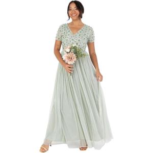 Maya Deluxe Women&rsquo;s Ladies Maxi Dress Sequin Embellished Floral V-Neck Short Sleeve Tulle Skirt A-Line for Wedding Guest Ball Gown Robe Femme(Green Lily)