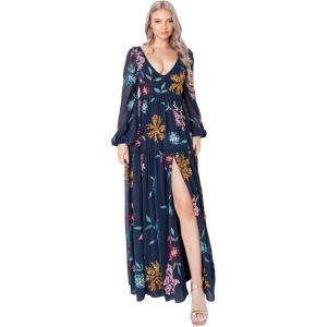 Maya Deluxe Women&rsquo;s Ladies Maxi Dress with Slit Long Sleeve Bishop V Neckline Floral Embellishment for Special Occasions Prom Ball(Navy)