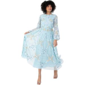 Maya Deluxe Women&rsquo;s Midaxi Dress Ladies Long Puff Sleeve Round Neck Floral Sequin Embellished Tulle A-Line Bridesmaid Wedding Guest Robe Femme (Lot de 1)(Sky Blue)