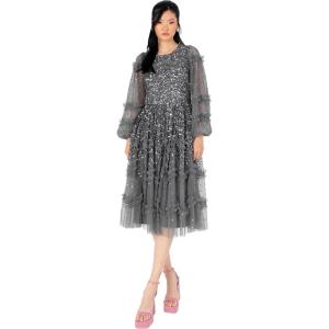 Maya Deluxe Women&rsquo;s Midi Dress Ladies Long Sleeve Sequin Embellished Ruffle for Wedding Guest Bridesmaid Occasion Evening Ball Gown Femme(Anthracite)