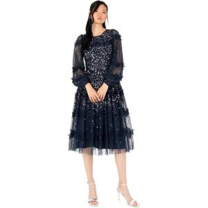 Maya Deluxe Women&rsquo;s Midi Dress Ladies Long Sleeve Sequin Embellished Ruffle for Wedding Guest Bridesmaid Occasion Evening Ball Gown Femme(Bleu Marine)