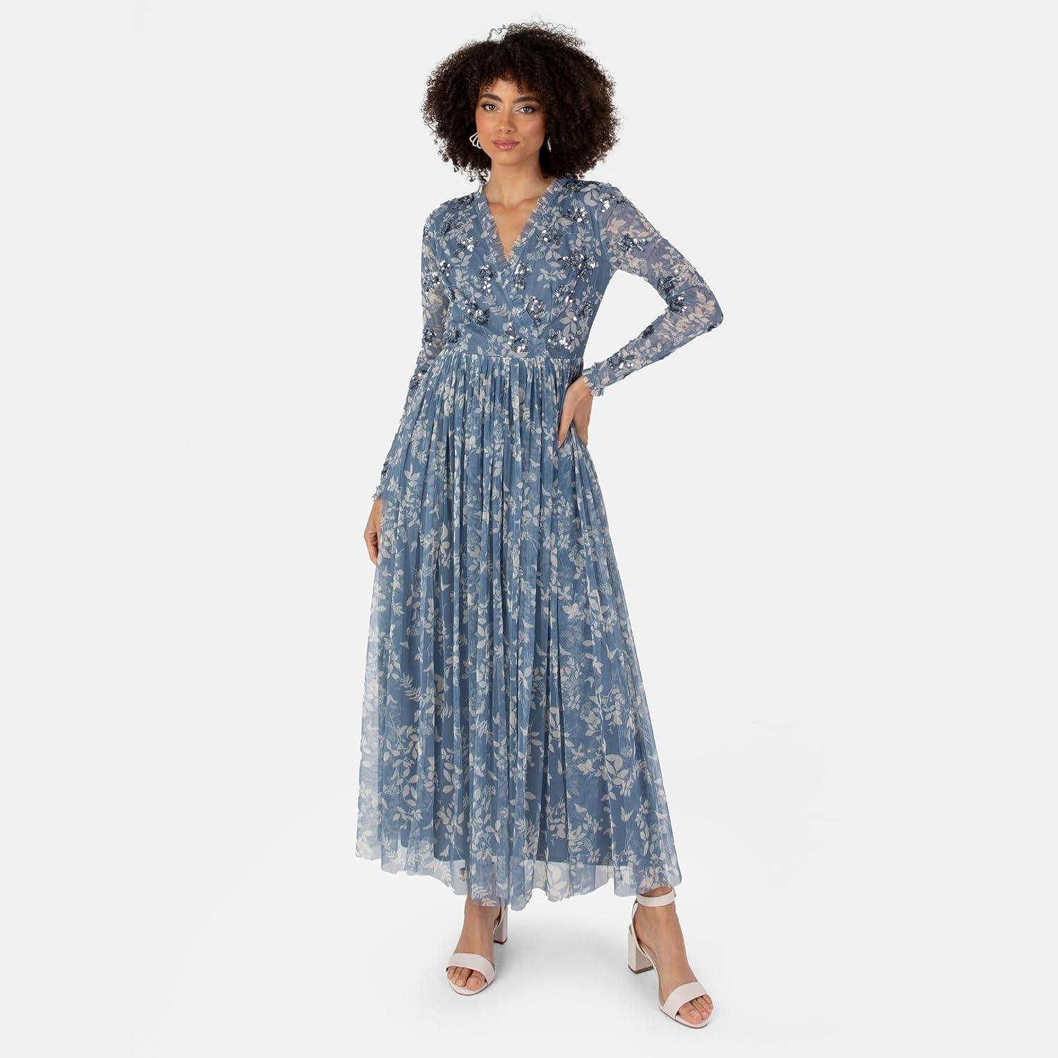 imageAnaya with Love Womens Midaxi Dress Ladies VNeck Wrap Long Sleeves Floral Sequin Embellished for Wedding Guest Party Occasion Evening Robe FemmeBleu