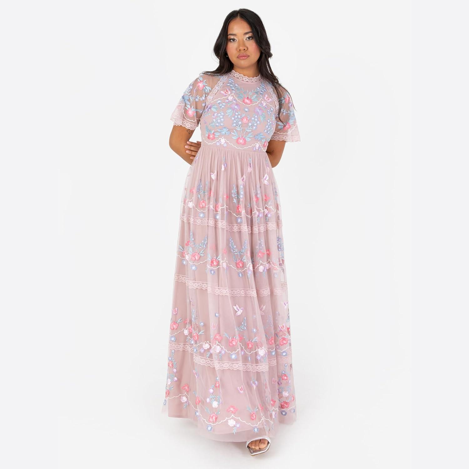 imageMaya Deluxe Womens Ladies Maxi Dress Short Sleeve Round Neck Floral Embroidered Tulle Lace ALine for Bridesmaid Wedding Guest Prom Robe FemmeFrosted Pink