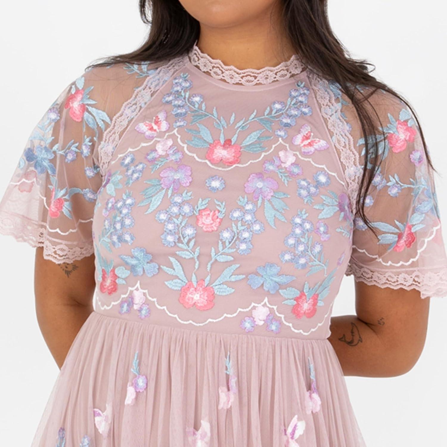 imageMaya Deluxe Womens Ladies Maxi Dress Short Sleeve Round Neck Floral Embroidered Tulle Lace ALine for Bridesmaid Wedding Guest Prom Robe FemmeFrosted Pink
