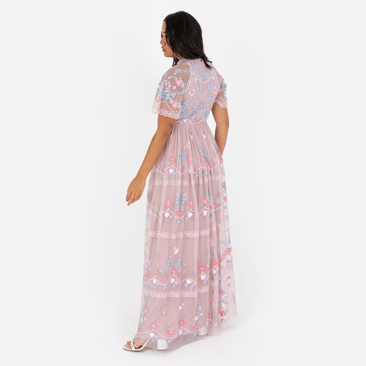 imageMaya Deluxe Womens Ladies Maxi Dress Short Sleeve Round Neck Floral Embroidered Tulle Lace ALine for Bridesmaid Wedding Guest Prom Robe FemmeFrosted Pink
