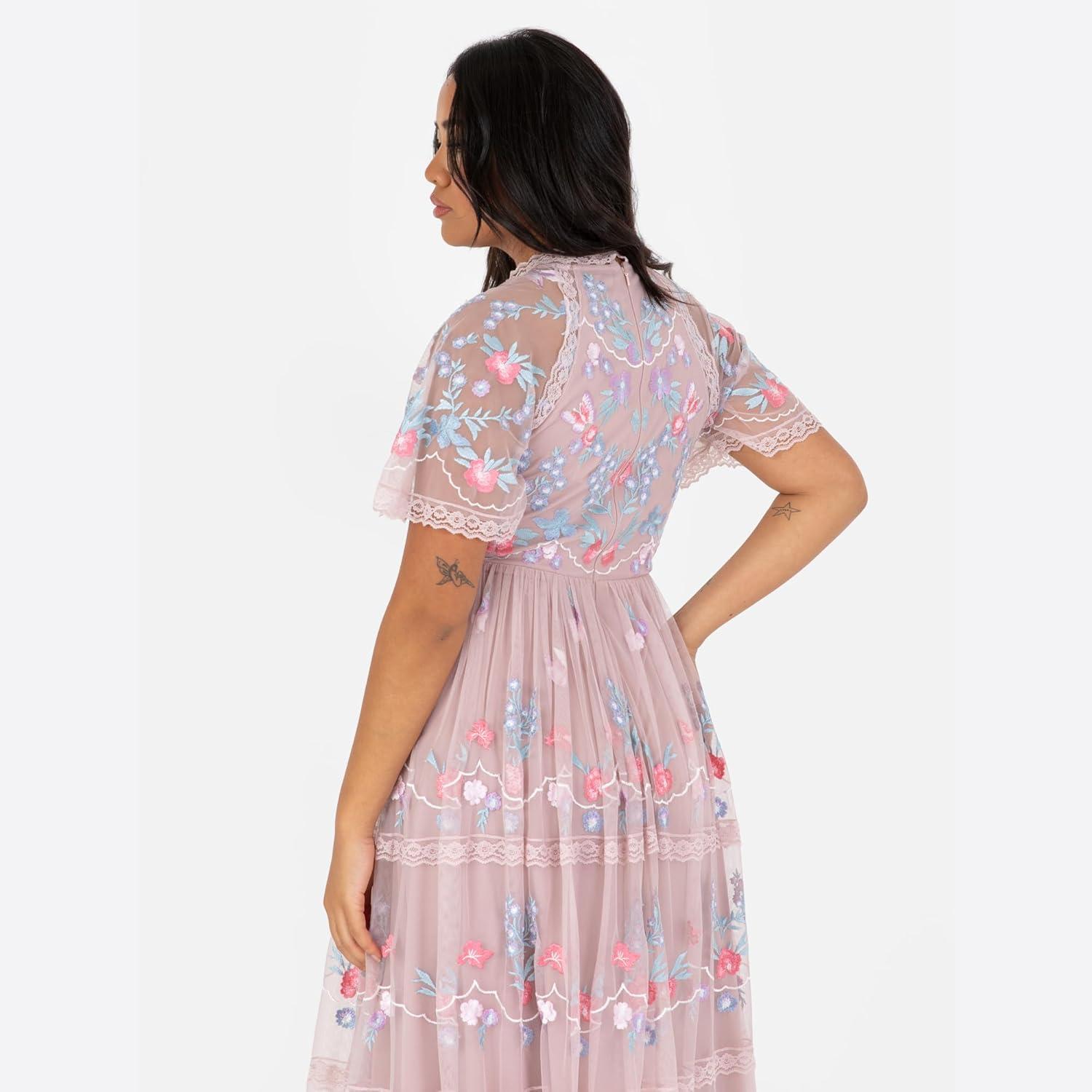 imageMaya Deluxe Womens Ladies Maxi Dress Short Sleeve Round Neck Floral Embroidered Tulle Lace ALine for Bridesmaid Wedding Guest Prom Robe FemmeFrosted Pink