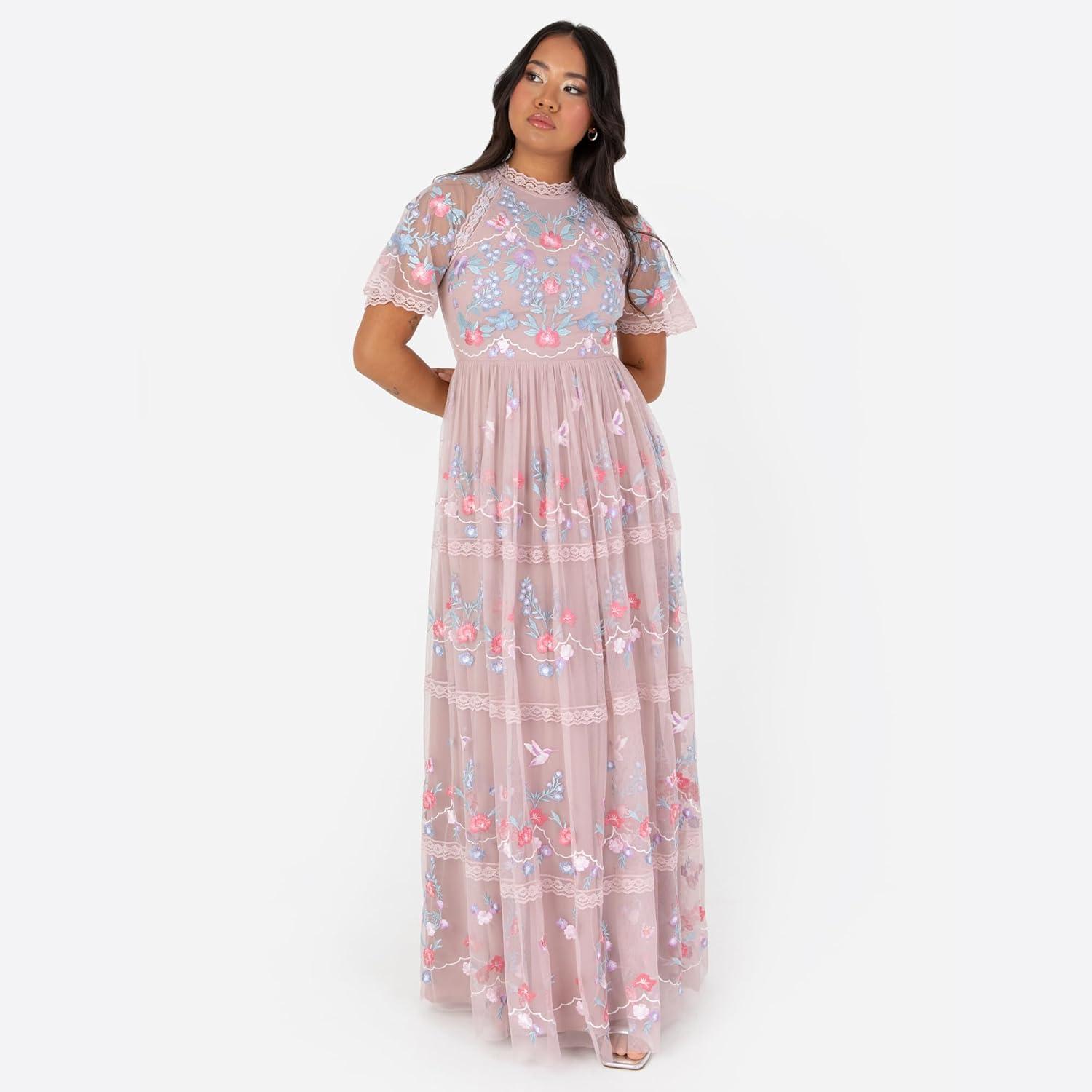 imageMaya Deluxe Womens Ladies Maxi Dress Short Sleeve Round Neck Floral Embroidered Tulle Lace ALine for Bridesmaid Wedding Guest Prom Robe FemmeFrosted Pink