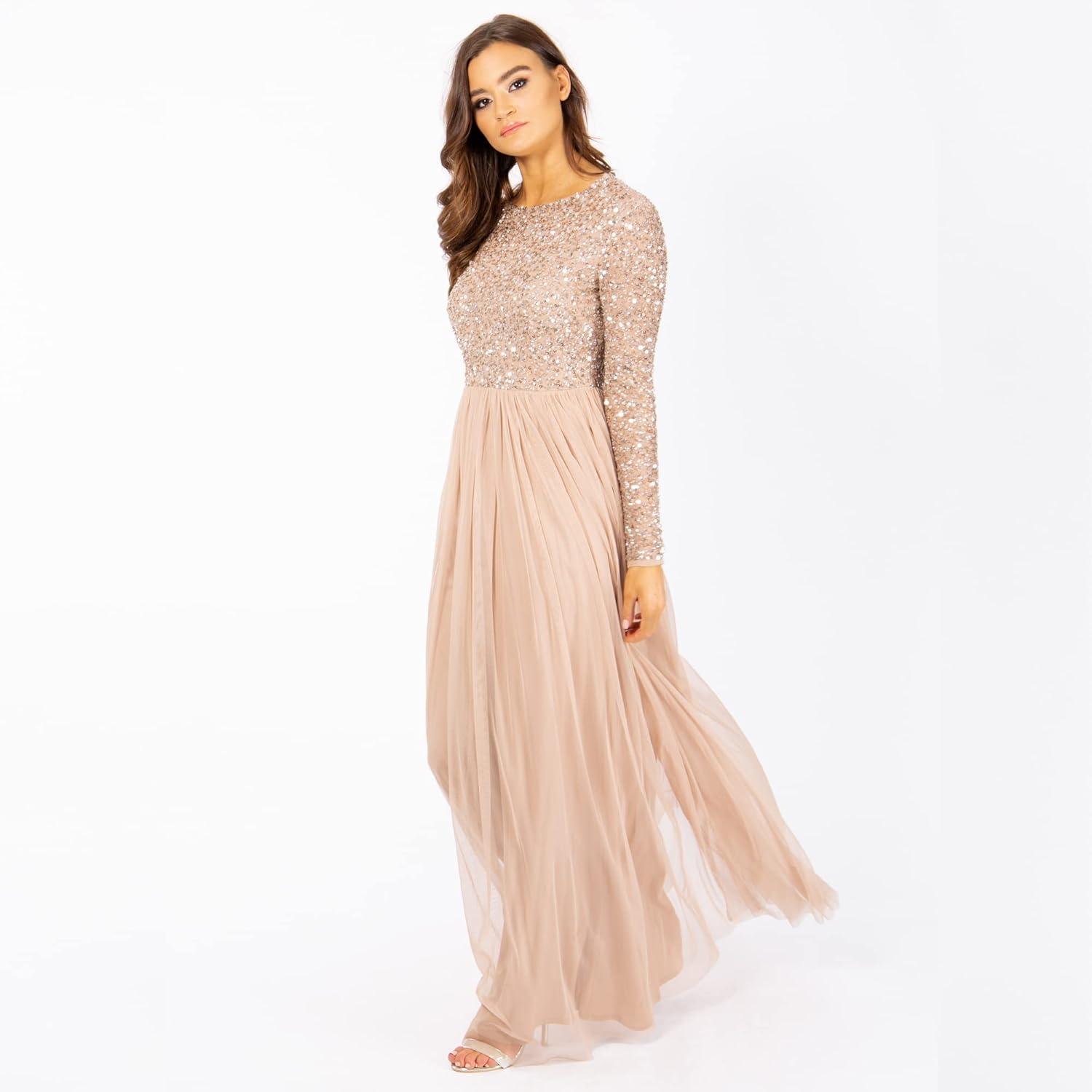 imageMaya Deluxe Womens Ladies Petite Maxi Dress for Wedding Guest Long Sleeves Sequins Empire High Waist Embellishment Boat Neck Prom Robe Femme Lot de 1Taupe Blush