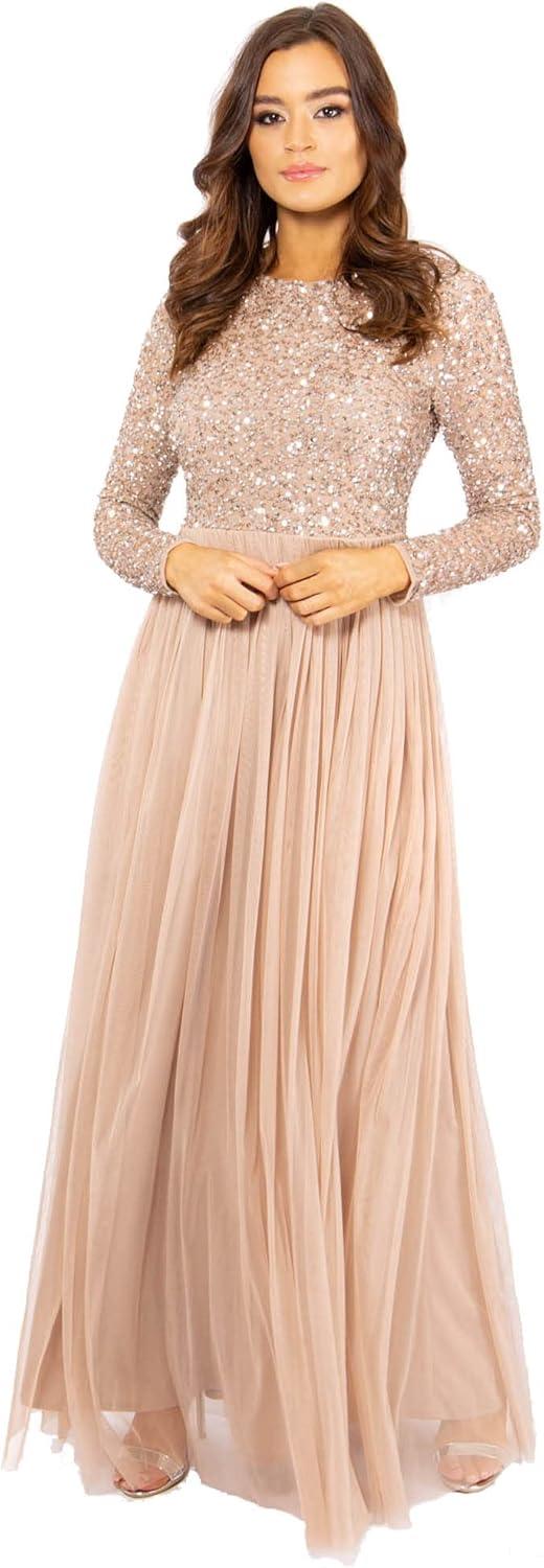 imageMaya Deluxe Womens Ladies Petite Maxi Dress for Wedding Guest Long Sleeves Sequins Empire High Waist Embellishment Boat Neck Prom Robe Femme Lot de 1Taupe Blush
