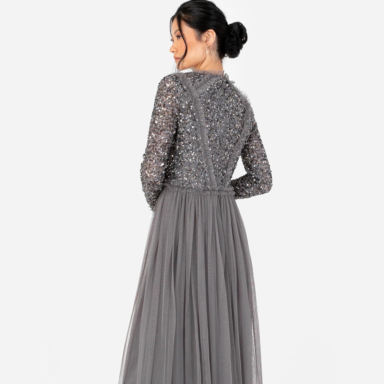 imageMaya Deluxe Womens Maxi Dress Ladies Crew Neck Long Sleeve Sequin Embellished Tulle Ruffle for Wedding Guest Bridesmaid Ball Gown Robes FemmeAnthracite