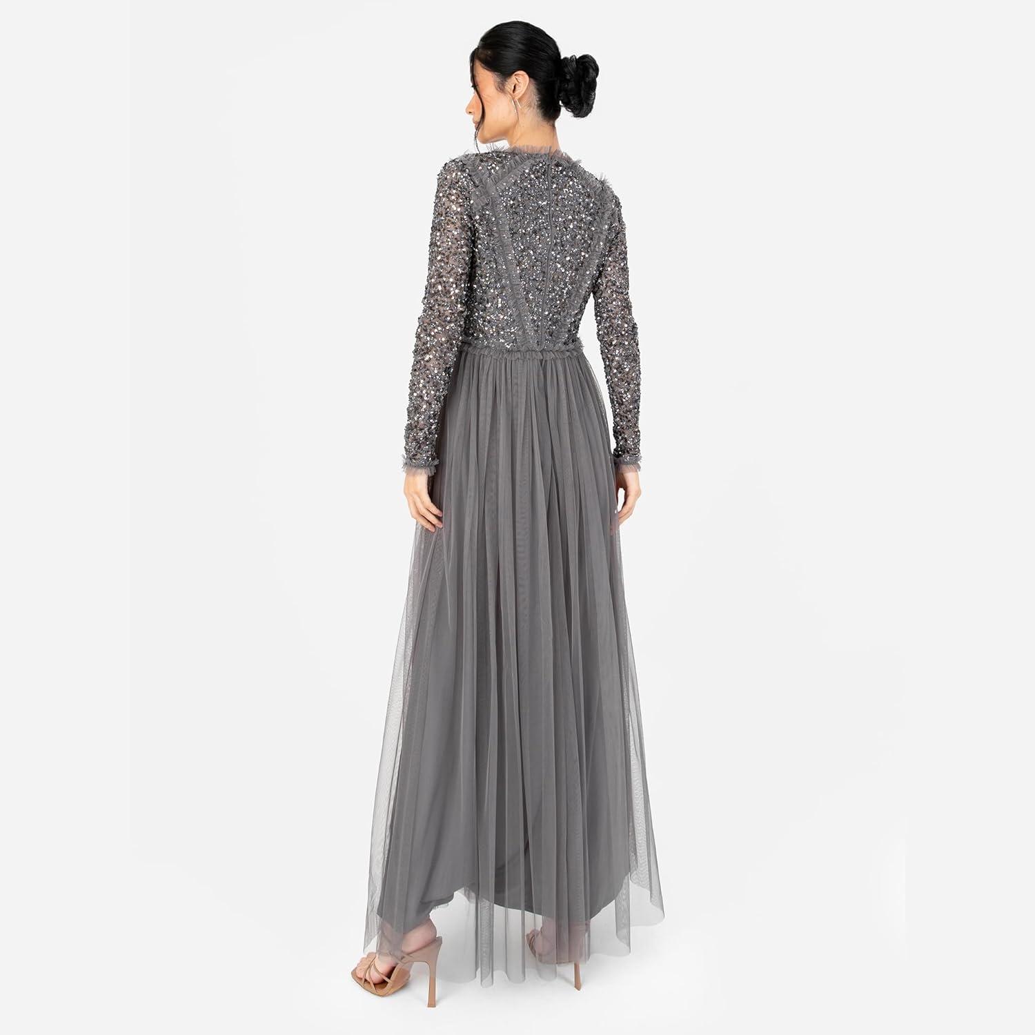 imageMaya Deluxe Womens Maxi Dress Ladies Crew Neck Long Sleeve Sequin Embellished Tulle Ruffle for Wedding Guest Bridesmaid Ball Gown Robes FemmeAnthracite