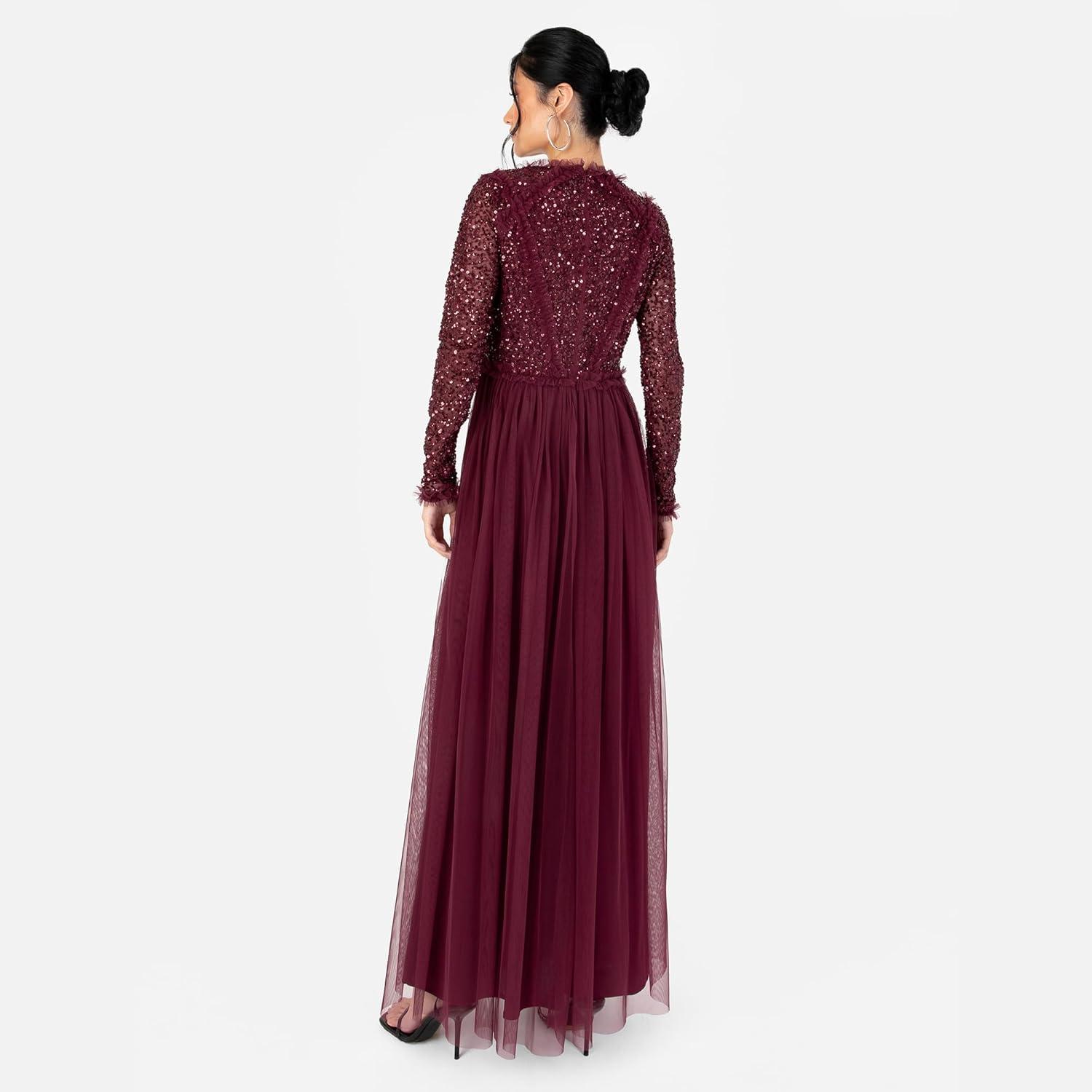 imageMaya Deluxe Womens Maxi Dress Ladies Crew Neck Long Sleeve Sequin Embellished Tulle Ruffle for Wedding Guest Bridesmaid Ball Gown Robes FemmeRouge