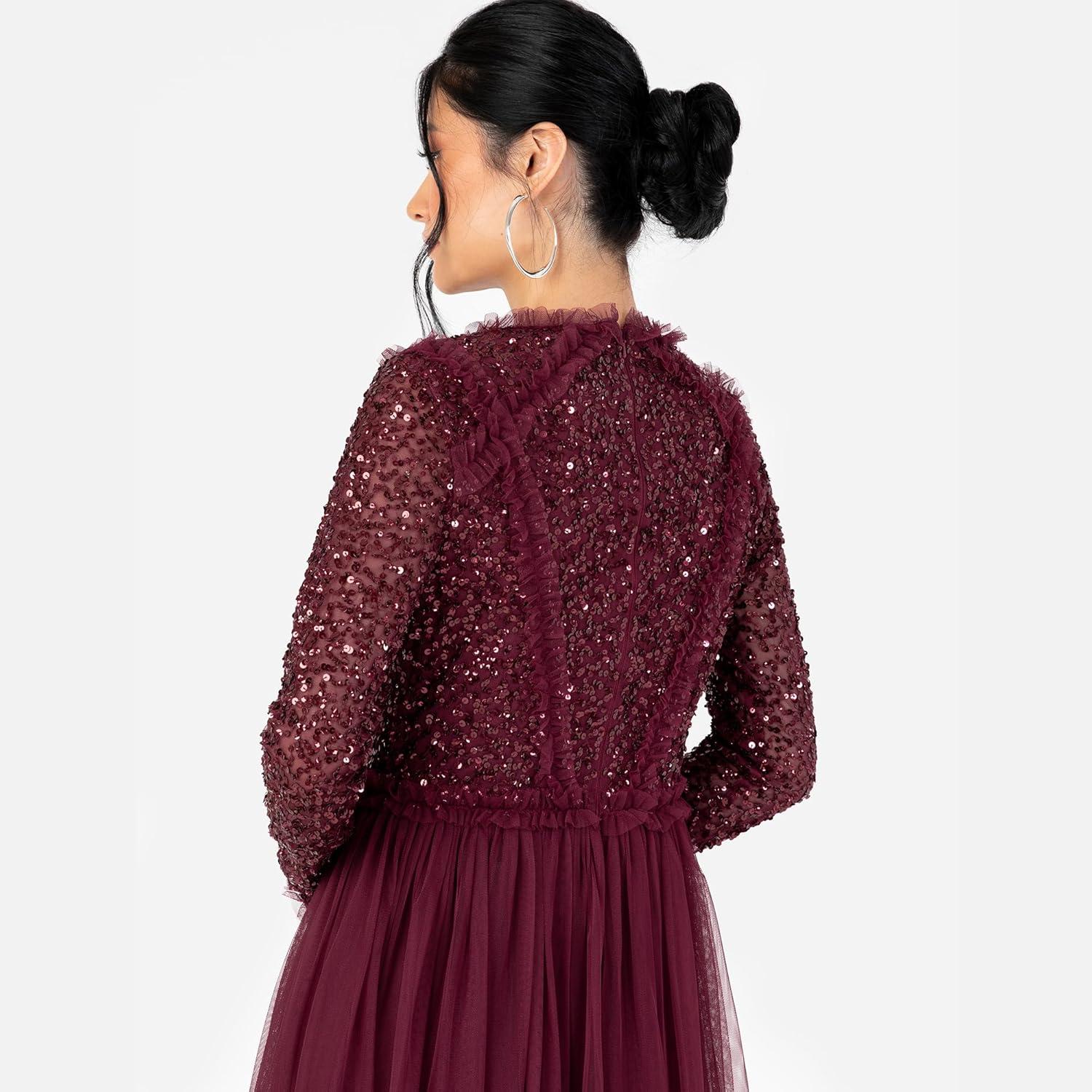 imageMaya Deluxe Womens Maxi Dress Ladies Crew Neck Long Sleeve Sequin Embellished Tulle Ruffle for Wedding Guest Bridesmaid Ball Gown Robes FemmeRouge Framboise