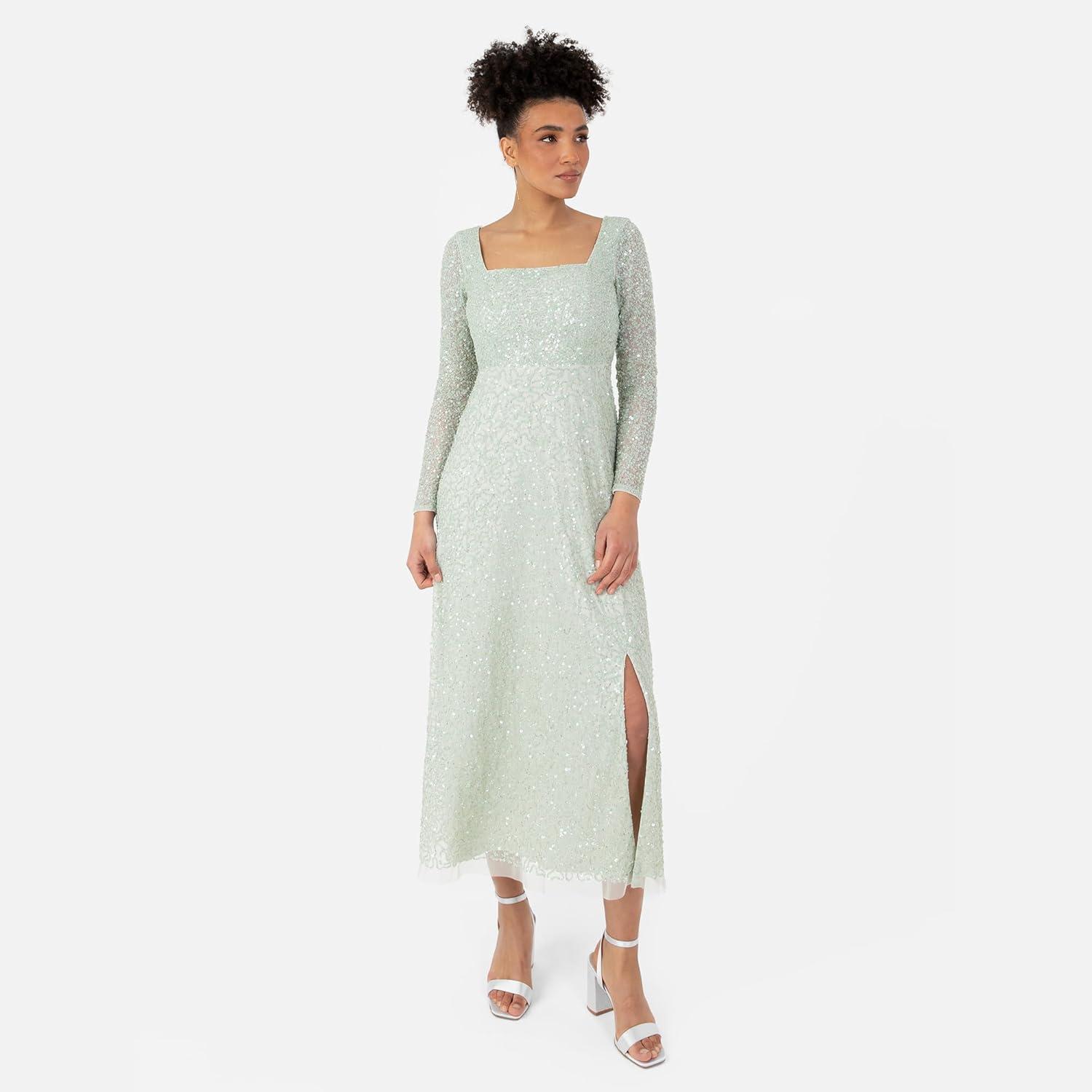imageMaya Deluxe Womens Midaxi Dress Ladies Long Sheer Sleeve Square Neck Sequin Embellished Split Empire Waist ALine Wedding Guest Robe FemmeMint Green