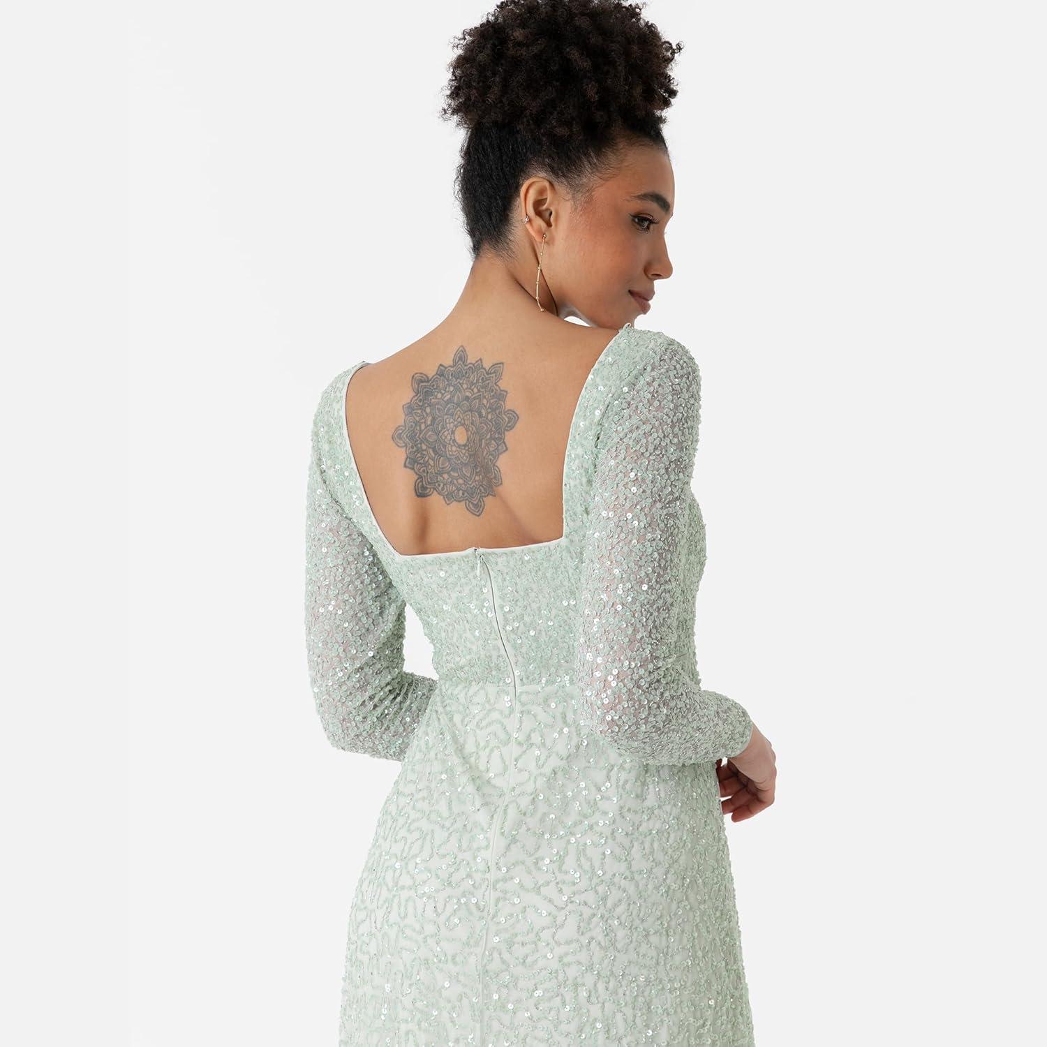 imageMaya Deluxe Womens Midaxi Dress Ladies Long Sheer Sleeve Square Neck Sequin Embellished Split Empire Waist ALine Wedding Guest Robe FemmeMint Green