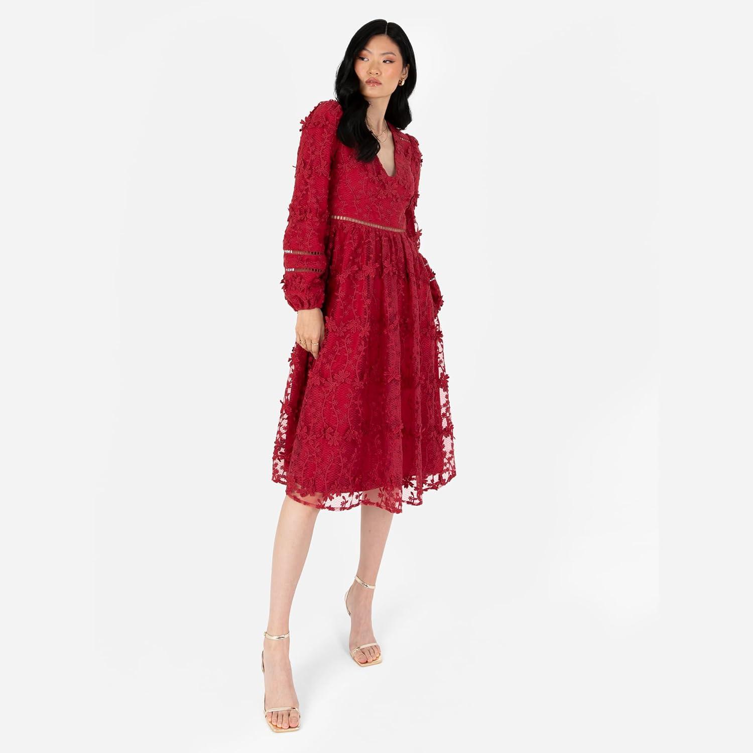 imageMaya Deluxe Womens Midi Dress Ladies Floral Embroidered Lace Long Sleeve VNeck for Wedding Guest Bridesmaid Prom Occasion Ball Gown Robes Femme Lot de 1Wine